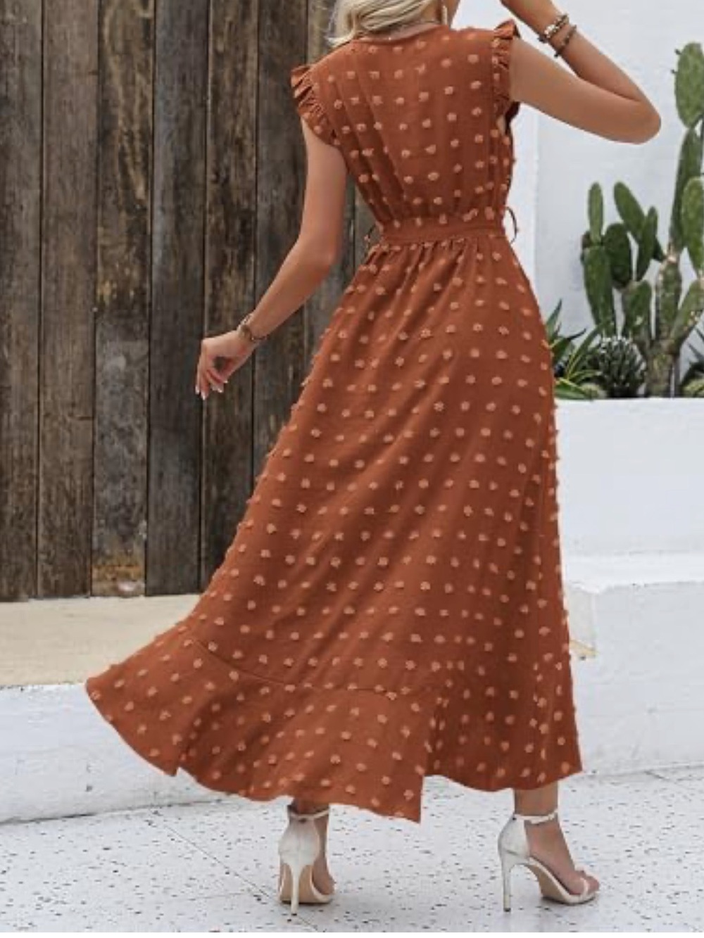 BTFBM Swiss Dot Wrap Midi Dress Rust Boho Ruffle Long Sleeve Size Small - Picture 2 of 5